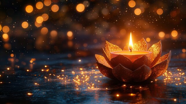 A glowing lotus leaf oil lamp illuminates the celebratory atmosphere of Diwali with golden lights against a deep blue-black background