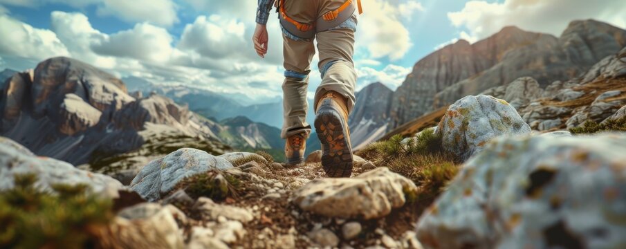 Adventurous hiker climbing a rocky mountain trail, 4K hyperrealistic photo