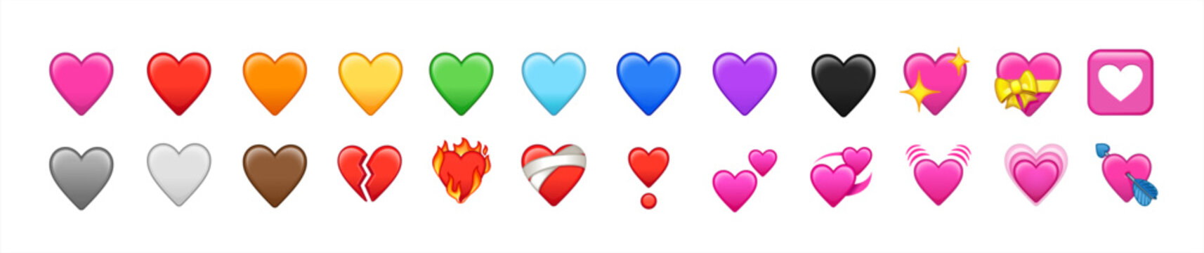 Iphone Whatsapp Heart Emojis set. Sparkling, growing, two Hearts, beating, revolving, broken, mending, heart exclamation, red, orange, yellow, green, blue, black, emoji. Facbook, Twitter, Samsung