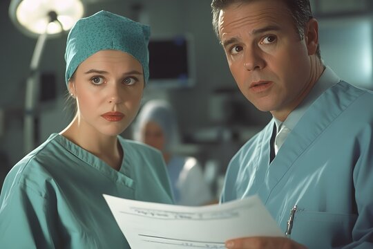 Portrait photo of a doctor and nurse holding a patient chart, serious expressions as they review details, sterile hospital room in background