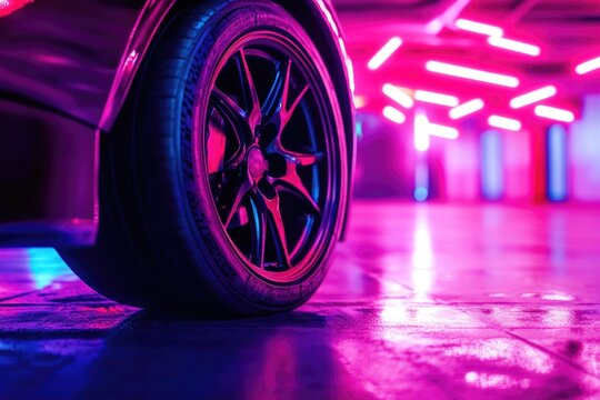 A close-up shot of a tire in a parking garage, ideal for use in photos about transportation, travel, or infrastructure