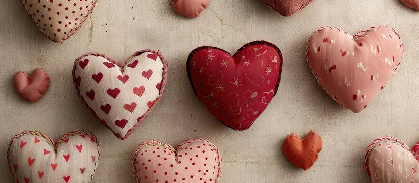 Flatlay composition featuring handmade heart cushions to convey an appreciation theme against a backdrop suitable for adding text or images called the copy space image