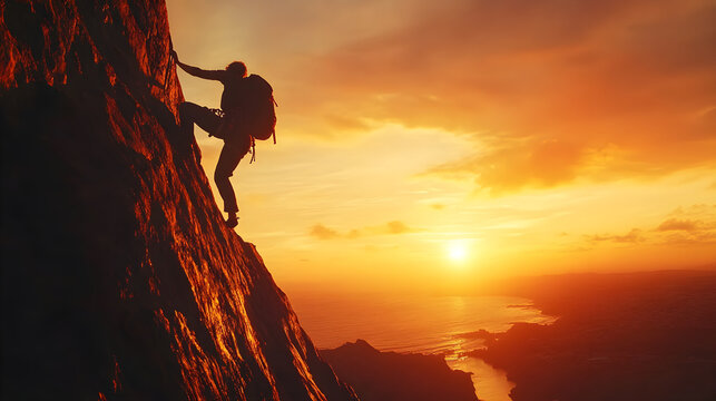 Silhouette of climber ascending rocky hill at sunset, evoking adventure and determination