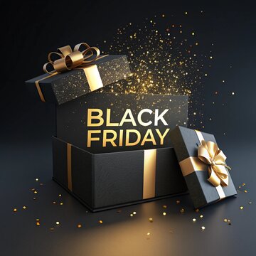 Free Photo Black Friday sale is a gold gift box and ballon with a black background	