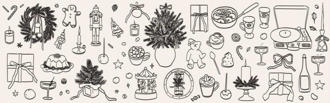 Hand drawn chalk winter food and dessert illustrations. Christmas icons. Wine, hot cacao or chocolate, gifts, toys, baubles drawings for new year invitations, cafe menus and parties in sketch style.