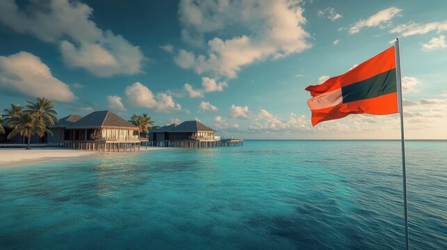 The Maldives flag prominently displayed near a luxury resort with overwater bungalows in sight