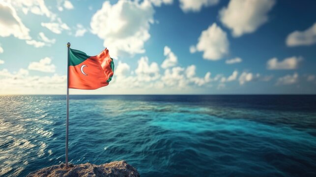 The Maldives flag waving proudly on a cliff overlooking the endless ocean horizon