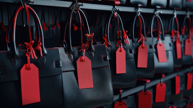 Stylish black handbags with red accents and tags displayed in store. elegant design and vibrant colors create striking visual appeal for fashion enthusiasts