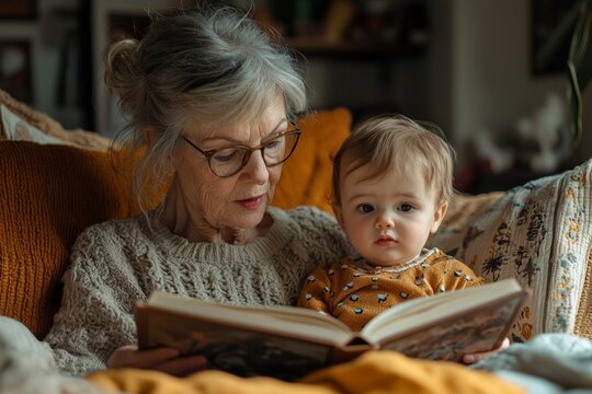 warm toned bedroom filled family photos grandmother shares storybook moment her young grandchild fostering loving bond as morning light fills space.