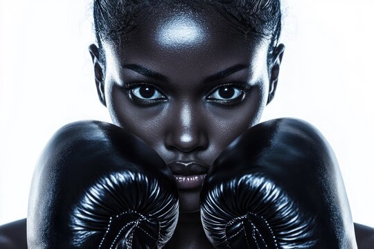 A woman wearing boxing gloves poses for a photo shoot