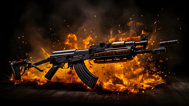 Dramatic depiction of AK 47 in action - A vivid manifestation of raw power and precision