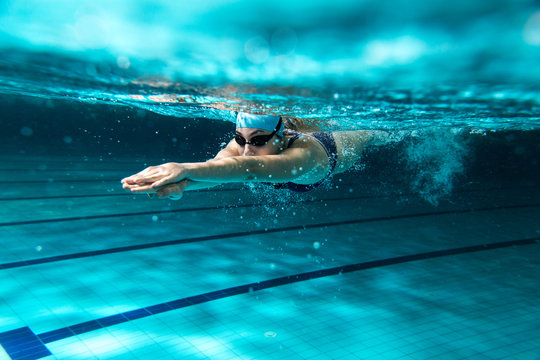 Female swimmer at the swimming pool.Underwater photo.