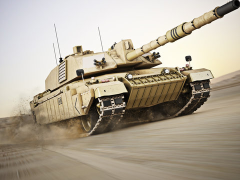 Military armored tank moving at a high rate of speed with motion blur over sand. Generic photo realistic 3d model scene.