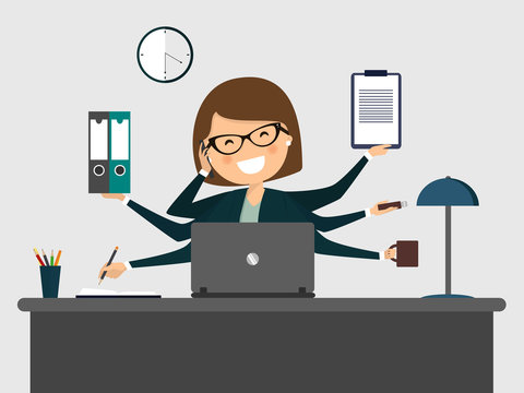 Busy secretary smiling with laptop. Vector illustration