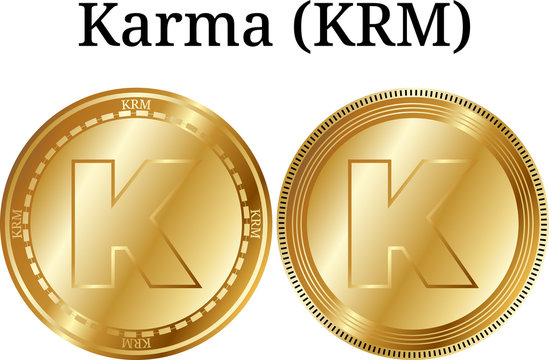 Set of physical golden coin Karma (KRM), digital cryptocurrency. Karma (KRM) icon set. Vector illustration isolated on white background.