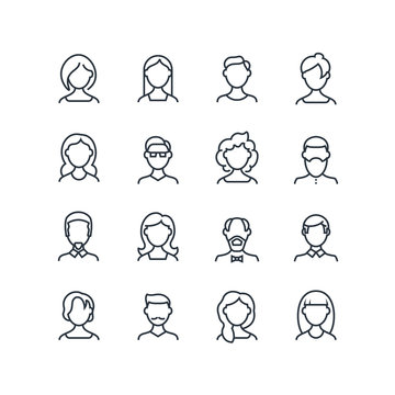 Woman and man face line icons. Female male profile outline symbols with different hairstyles. Vector people avatars isolated