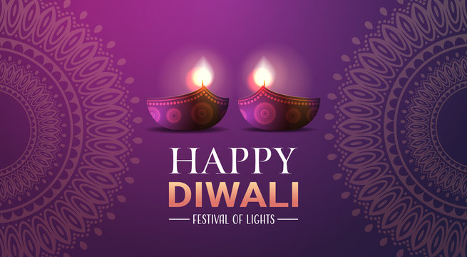 happy diwali traditional indian lights hindu festival celebration holiday concept flat greeting card template invitation horizontal copy space vector illustration