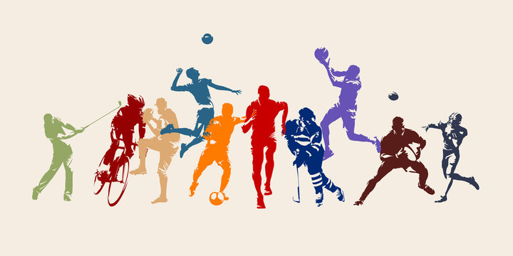 Sports, set of athletes of various sports disciplines. Isolated vector silhouettes. Run, soccer, hockey, volleyball, basketball, rugby, baseball, american football, cycling, golf