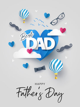 Happy Father's Day greeting card, banner, poster or flyer design with flying origami hearts over clouds with air balloons, paper mustache, glasses and bow tie. Paper art, digital craft style. 