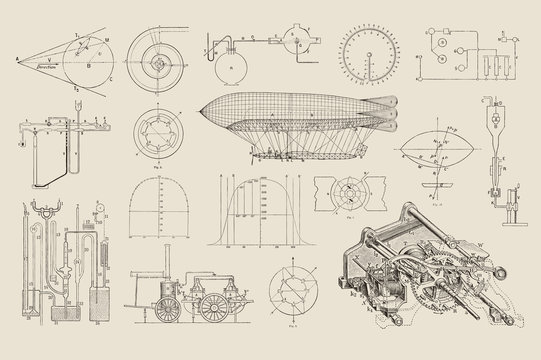 large collection of vector steampunk design elements: graphs, charts and construction drawings for dirigibles and various machines