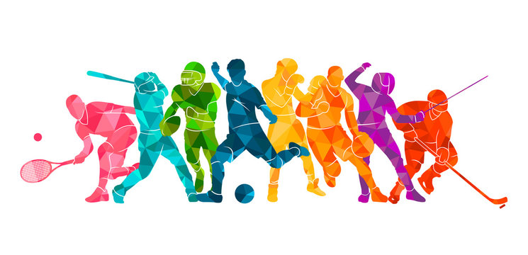 Color sport background. Football, basketball, hockey, box, \nbaseball, tennis. Vector illustration colorful silhouettes athletes