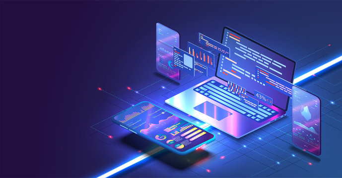 Application of Smartphone with business graph and analytics data on isometric mobile phone. Analysis trends and software development coding process concept. Programming, testing cross platform code