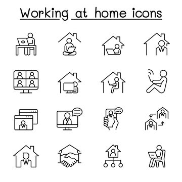 Working at home icon set in thin line style