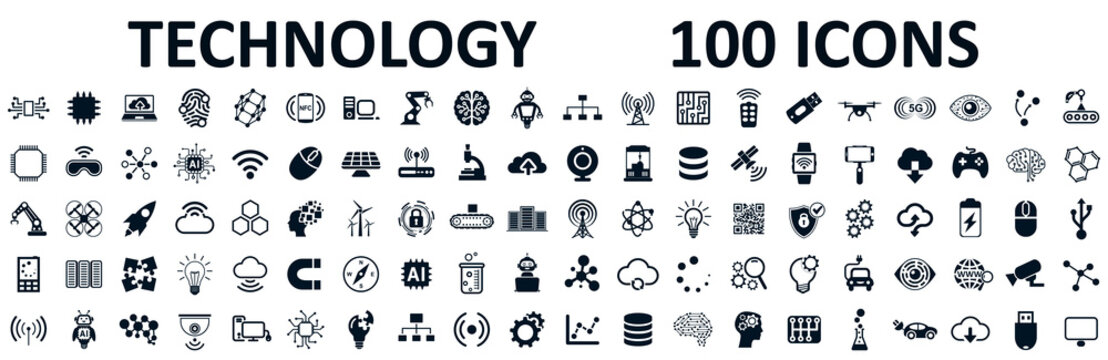 Set of 100 technology icons. Industry 4.0 concept factory of the future. Technology progress: 5g, ai, robot, iot, near field communication, programming and many more - stock vector