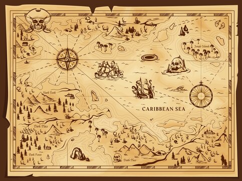 Old pirate map, vector worn parchment with jolly roger in tricorn, caribbean sea, islands and land, wind rose and cardinal points. Vintage grunge paper pirate map, adventure, treasure research game