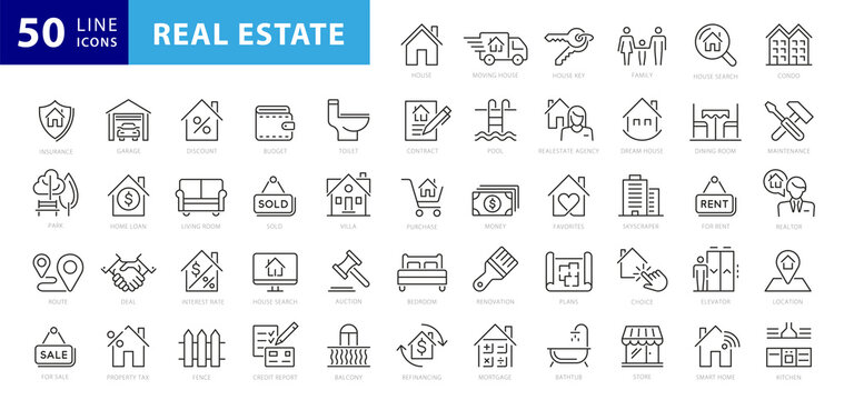 Real Estate minimal thin line web icon set. Included the icons as realty, property, mortgage, home loan and more. Outline icons collection. Simple vector illustration