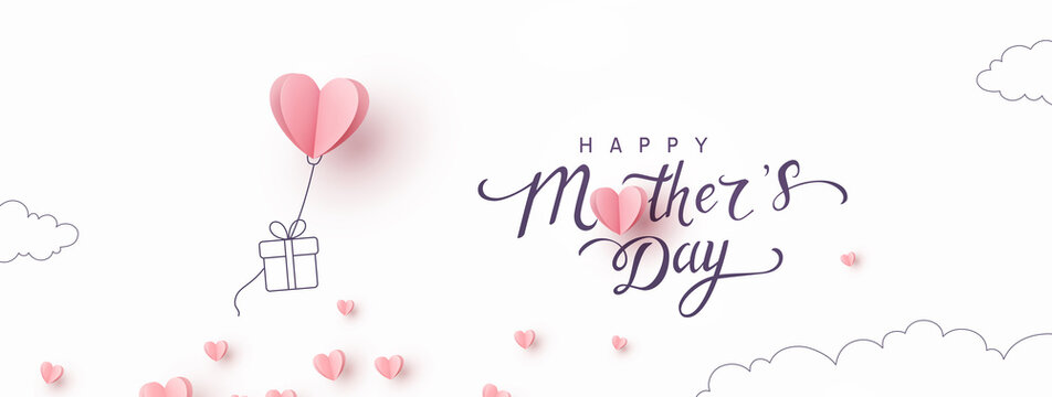 Mother's day postcard with paper flying elements and gift box on white sky background. Vector symbols of love in shape of heart for greeting card design