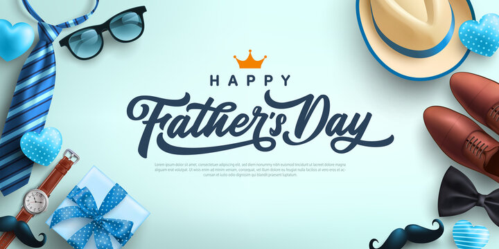 Father's Day Sale poster or banner template with necktie,glasses,hat and gift box.Greetings and presents for Father's Day in flat lay styling.Promotion and shopping template for love dad concept