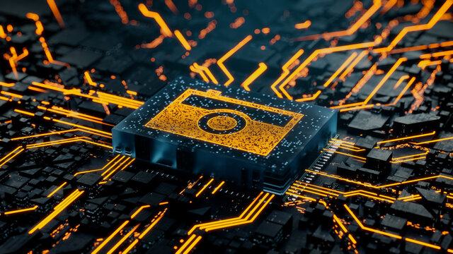 Photo Technology Concept with camera symbol on a Microchip. Data flows from the CPU across a Futuristic Motherboard. 3D render.