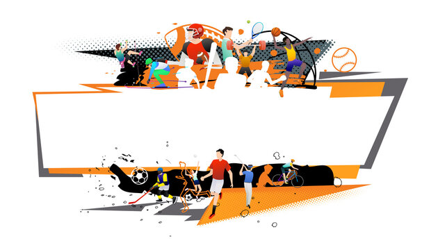 Vector illustration of sports abstract background design with sport players in different activities. football, basketball, baseball, badminton, tennis, rugby, bicycling