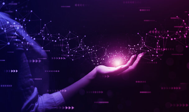 Metaverse Technology concepts. 
Woman hand holding global network connection. Internet communication, Wireless connection technology. Futuristic technology with polygonal shapes.	