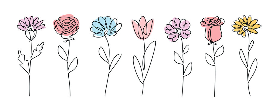 Continuous line drawing set of flowers. Plants one line illustration. Minimalist Prints vector illustration