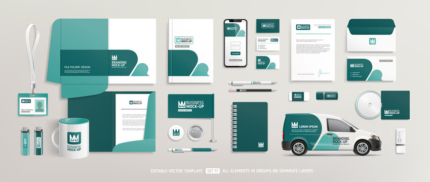 Brand Identity Mock-Up of stationery set with green and white abstract geometric design. Business office stationary mockup template of File folder, annual report, van car, brochure, corporate mug