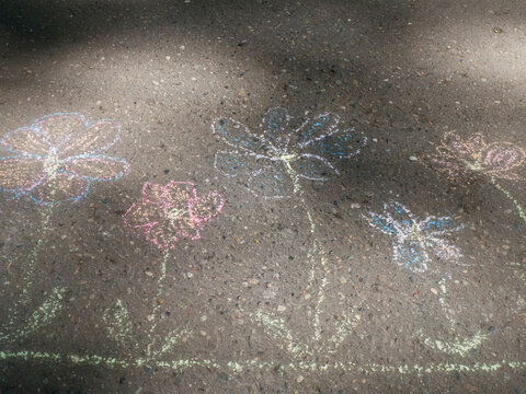 USA, Washington State, Scenic Beach State Park, chalk drawings of flowers on asphalt