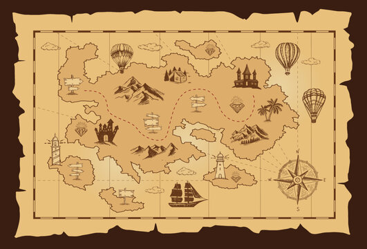 Old treasure map vector sketch. Hand drawn illustrations, vector.	
