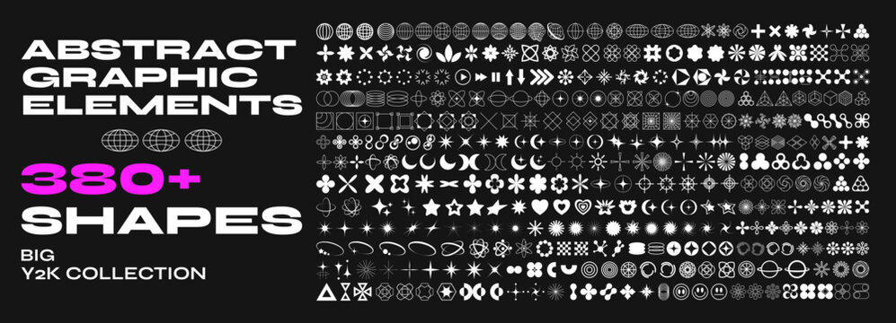 Retro futuristic elements for design. Big collection of abstract graphic geometric symbols and objects in y2k style. Templates for notes, posters, banners, stickers, business cards, logo.