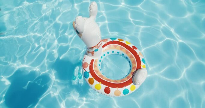 Concept of summer vacation and holiday travel. Inflatable lama floating in blue swimming pool water on summertime. Waves and sun reflection slow motion footage 