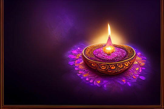 Shiny colorful floral background with illuminated 3D Oil Lamps (Diya) for Diwali celebration.