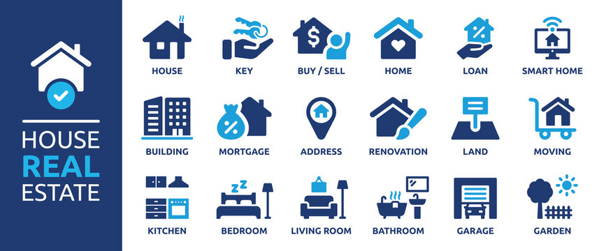 House or Real estate icon set. Containing house, key, buy, sell, loan, smart home, building, mortgage, address, renovation, land, kitchen, bedroom, living room, bathroom. Solid icon vector collection.