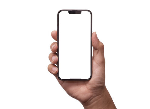 Mockup iphone hand - clipping path , Studio shot of Smartphone iPhone 13 Pro Max with blank phone screen for Infographic Global Business web site design app ios : Bangkok, Thailand - MAR 13, 2022	