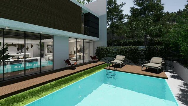 Modern house with swimming pool and garden. Architectural 3D animation.