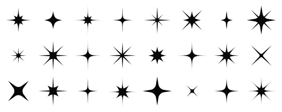 Sparkles, stars and bursts icons, twinkling stars.Vector set of different black sparkles icons on transparent background. Vector illustration	