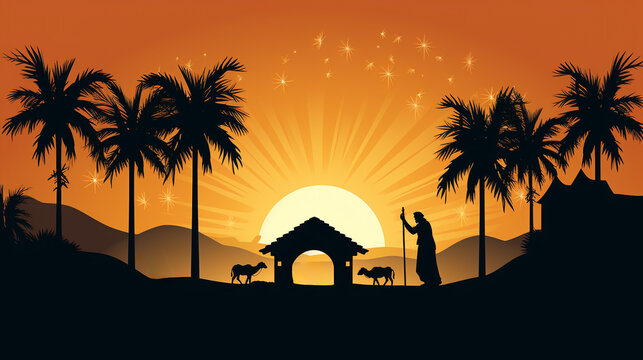 Christmas Christian Nativity Scene of baby Jesus in the manger with Mary and Joseph in silhouette surrounded by animals and the three wise men with the city of Bethlehem in the distance