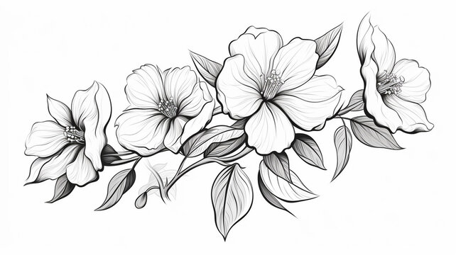 Wild rose flower drawing illustration with line art floral