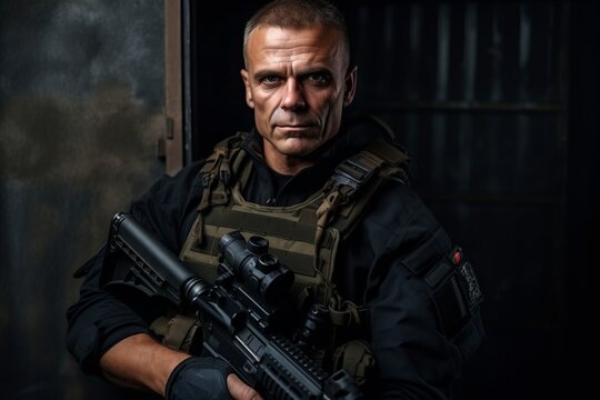 Portrait of a special forces soldier with a machine gun. Studio shot.