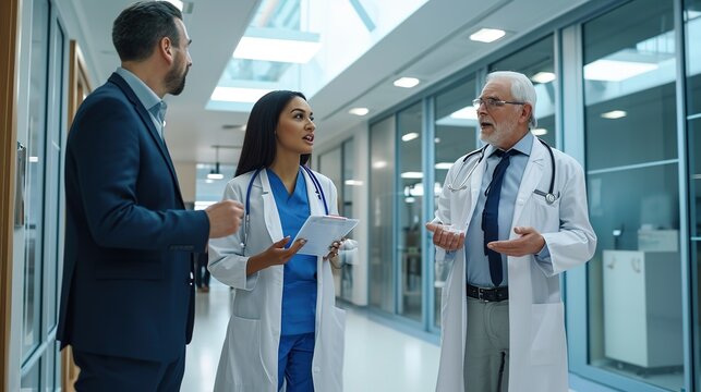 Pharmaceutical sales representative talking with doctor in medical building. Female doctor talking with hospital director